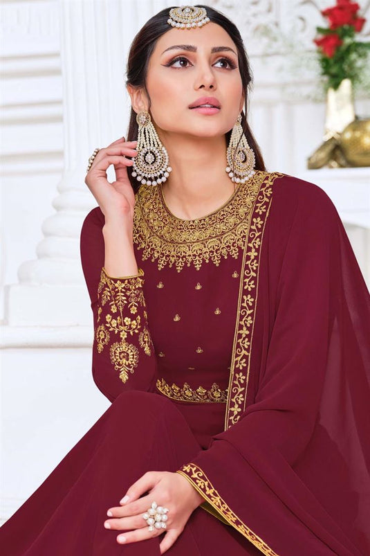 Maroon Color Festive Wear Embroidered Georgette Fabric Anarkali Suit