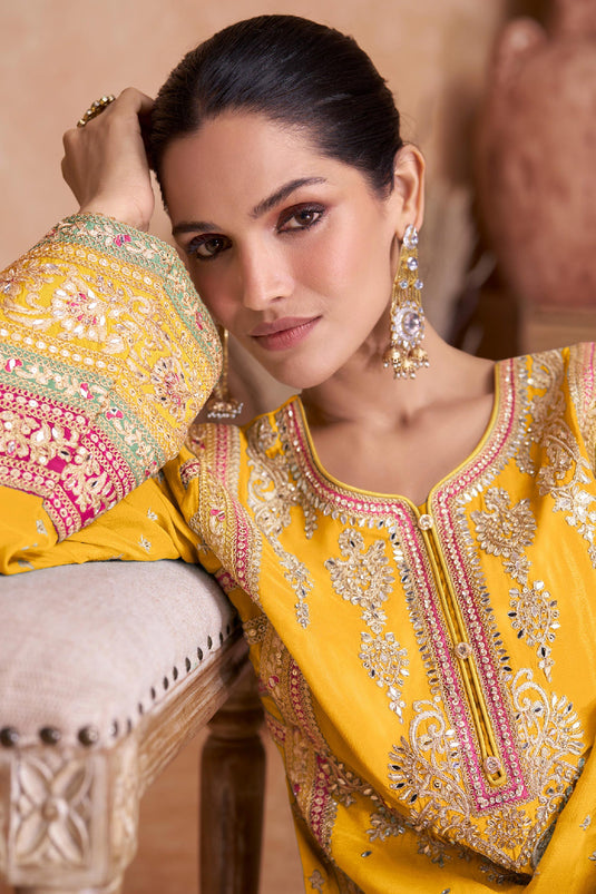 Delight Yellow Color Chinon Fabric Fancy Embroidered Readymade Palazzo Salwar Kameez