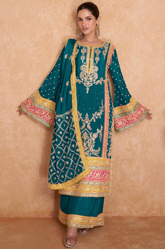 Chinon Teal Embroidered Readymade Palazzo Suit