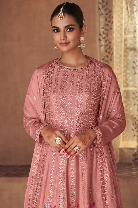 Embroidered Peach Georgette And Chinon Palazzo Suit In Function Wear