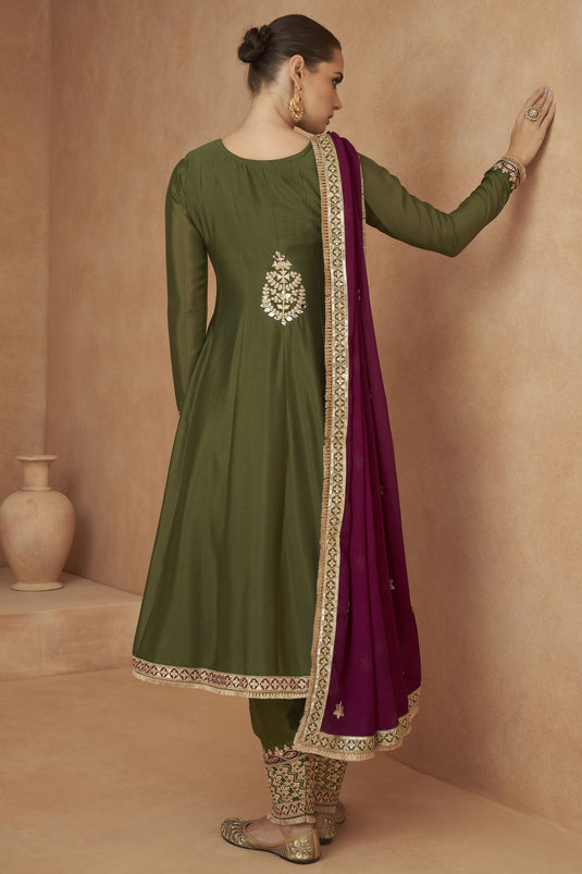 Chinon Silk Fabric Embroidered Readymade Designer Salwar Suit In Green Color