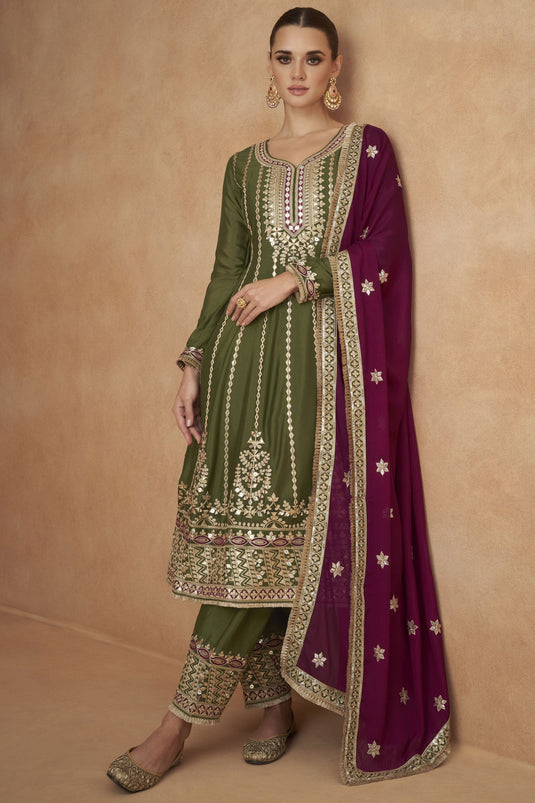 Chinon Silk Fabric Embroidered Readymade Designer Salwar Suit In Green Color