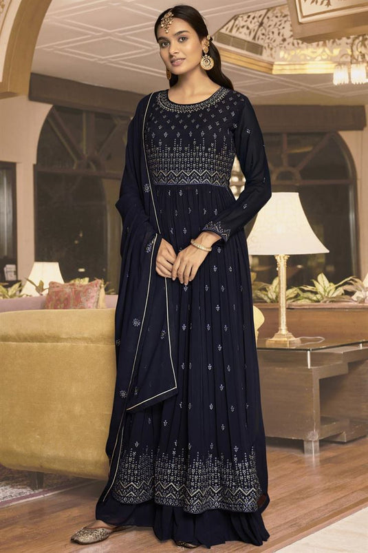 Navy Blue Color Georgette Fabric Awesome Party Wear Palazzo Suit