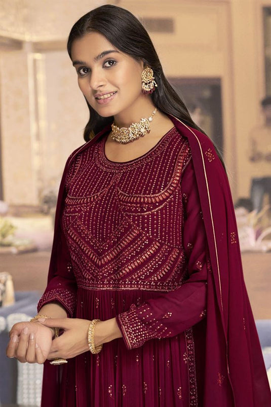 Maroon Color Party Wear Splendid Palazzo Suit In Georgette Fabric