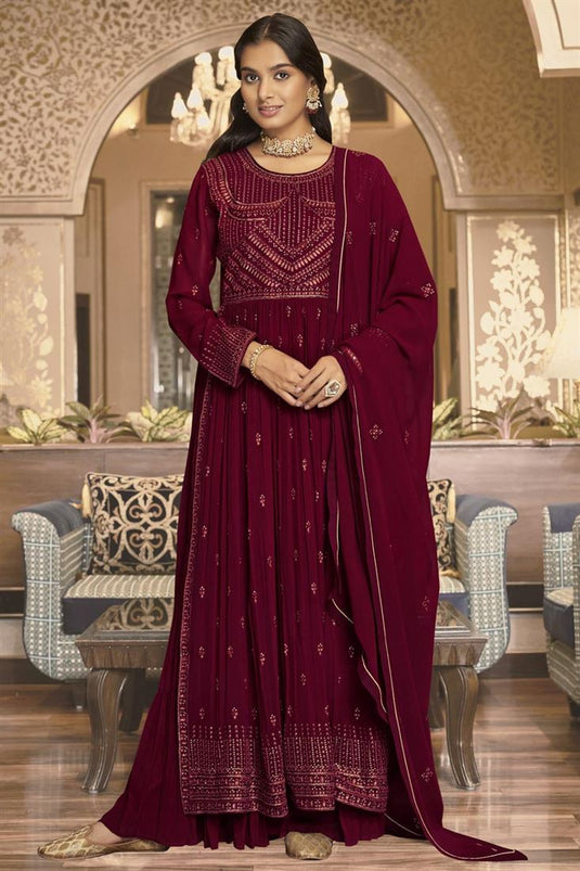 Maroon Color Party Wear Splendid Palazzo Suit In Georgette Fabric