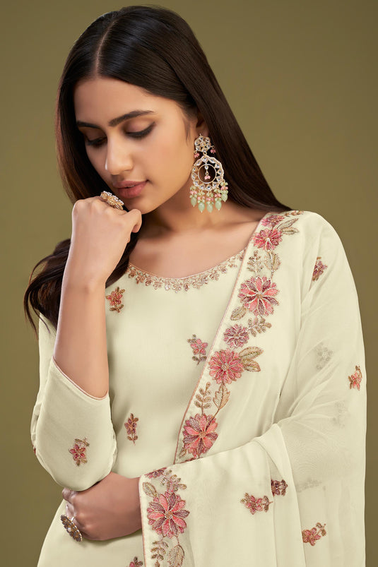 Beige Color Georgette Fabric Fancy Embroidered Function Wear Palazzo Salwar Kameez