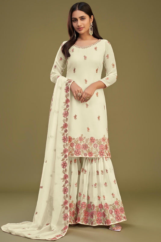 Beige Color Georgette Fabric Fancy Embroidered Function Wear Palazzo Salwar Kameez