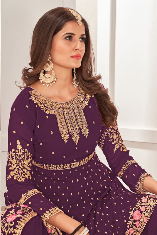 Georgette Fabric Function Wear Stylish Sharara Suit In Purple Color