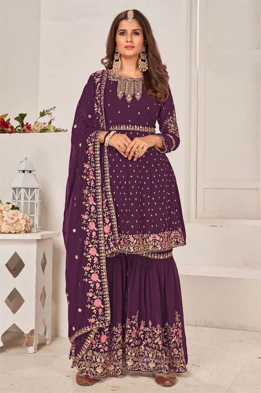 Georgette Fabric Function Wear Stylish Sharara Suit In Purple Color