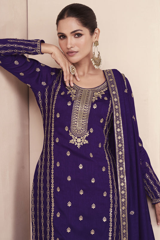 Embroidered Purple Color Wedding Wear Readymade Designer Palazzo Salwar Suit In Art Silk Fabric