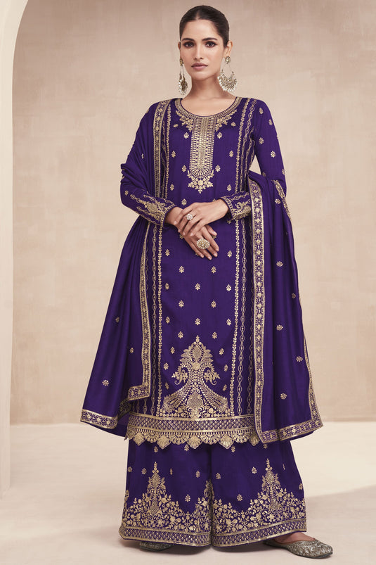 Embroidered Purple Color Wedding Wear Readymade Designer Palazzo Salwar Suit In Art Silk Fabric