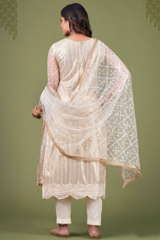 Blazing Cream Color Sequins Work Net Salwar Suit