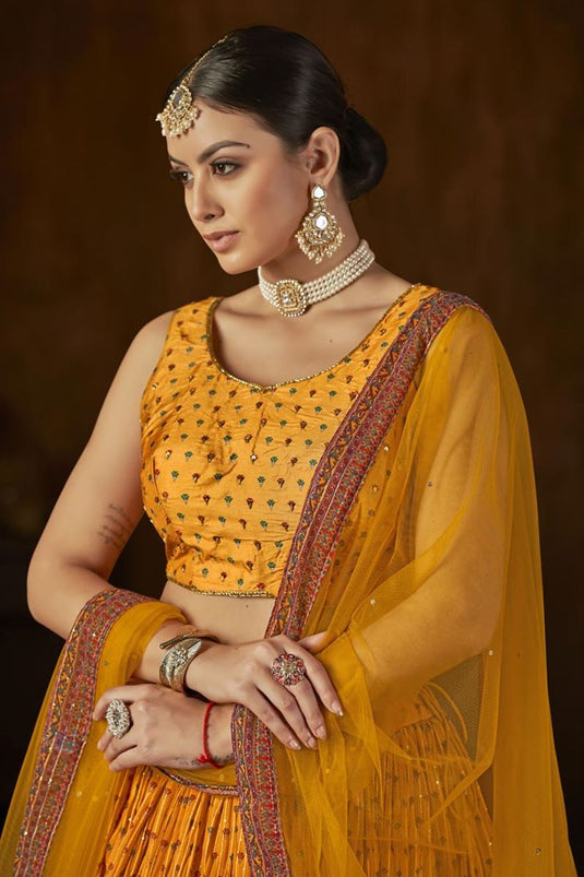 Georgette Fabric Yellow Color Riveting Lehenga With Digital Printed Work