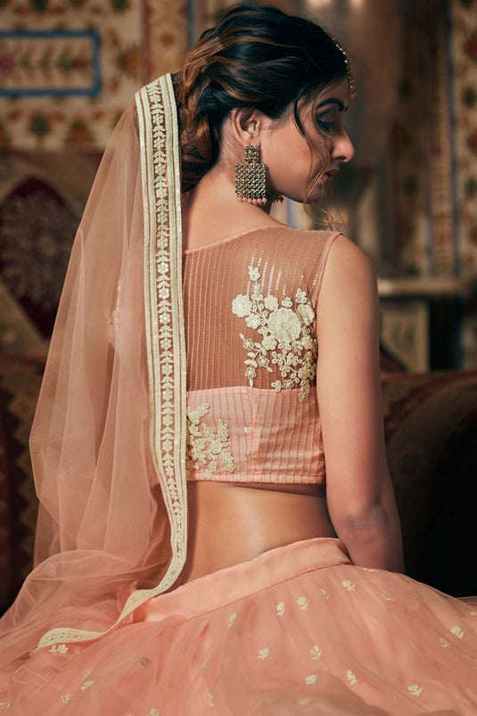 Peach Color Net Fabric Aloof Sangeet Wear Embroidered Work Lehenga