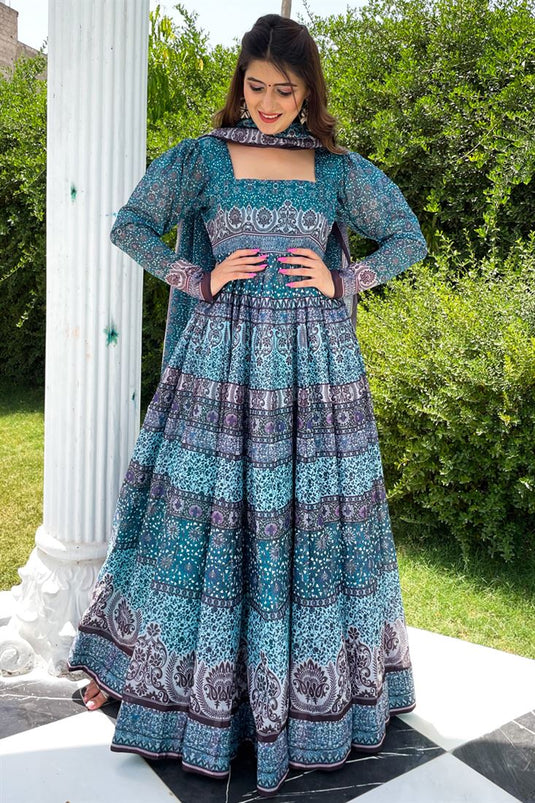 Appealing Cyan Color Chanderi Fabric Festive Wear Embroidered Readymade Anarkali Salwar Suit