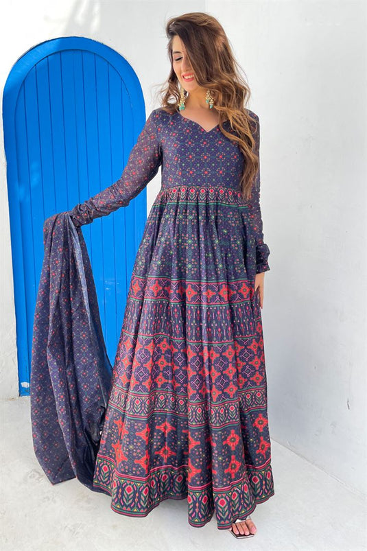 Gorgeous Festive Wear Blue Color Embroidered Chanderi Fabric Readymade Anarkali Salwar Suit