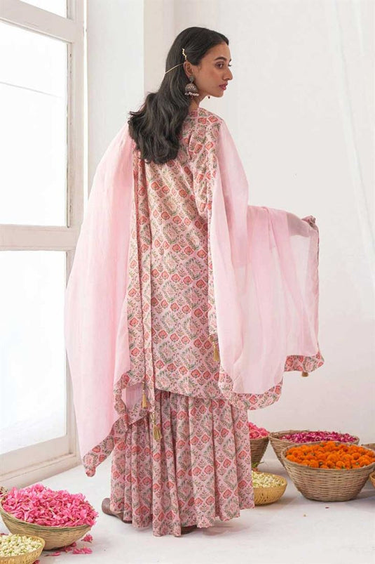 Muslin Fabric Pink Color Supreme Printed Sharara Suit