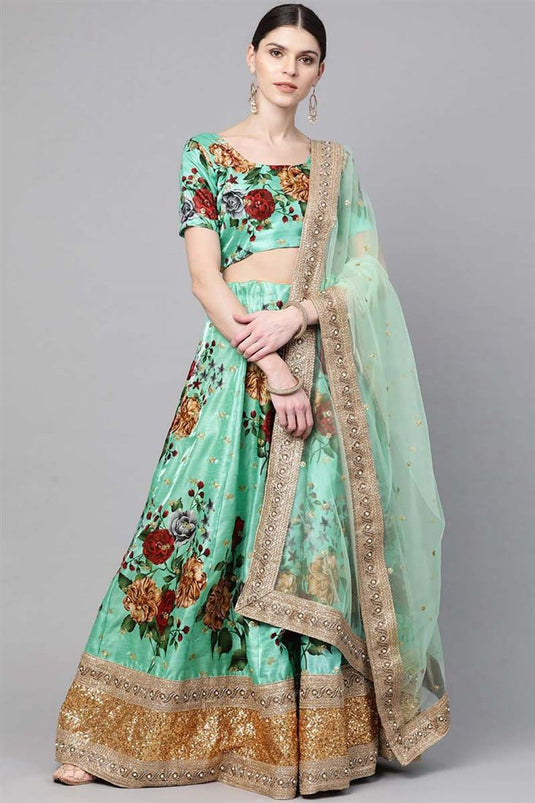 Art Silk Fabric Function Wear Trendy Textured Floral Digital Printed Lehenga In Green Color