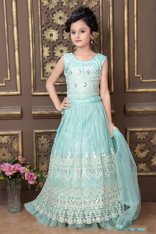 Embroidered Sangeet Wear Readymade Kids Lehenga Choli In Cyan Net Fabric