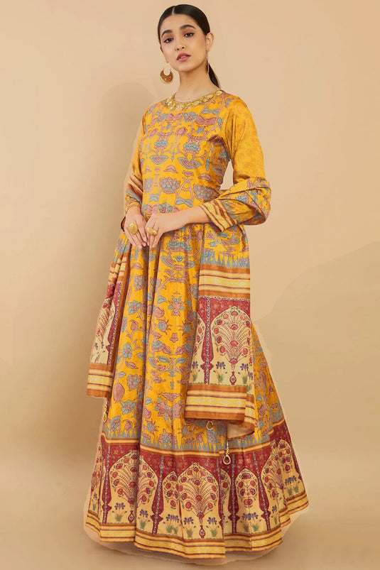 Festive Wear Digital Print Readymade Long Anarkali Style Gown In Art Silk Fabric Yellow Color