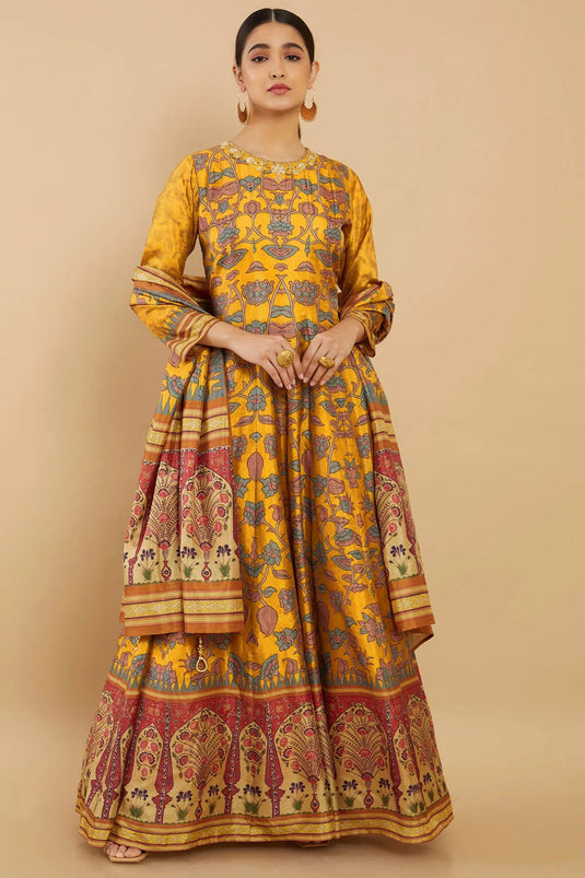 Festive Wear Digital Print Readymade Long Anarkali Style Gown In Art Silk Fabric Yellow Color