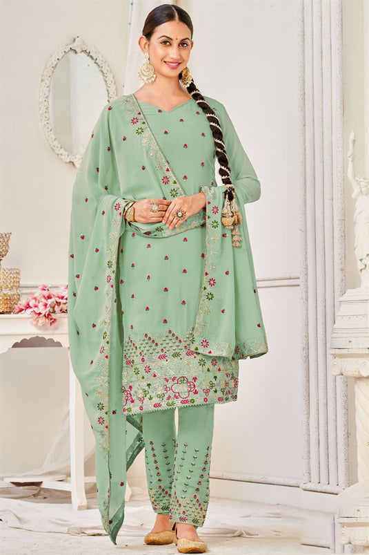 Radiant Sea Green Color Embroidered Georgette Salwar Suit