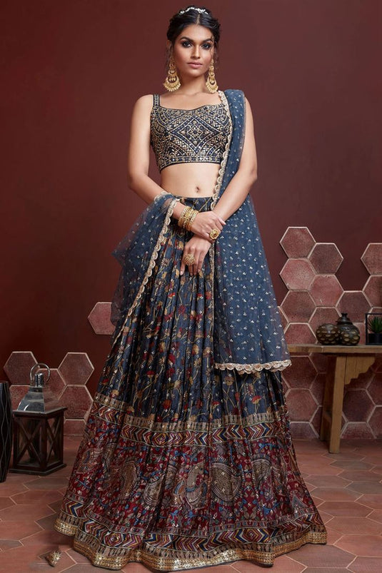 Art Silk Fabric Teal Color Lehenga With Floral Digital Printed Work