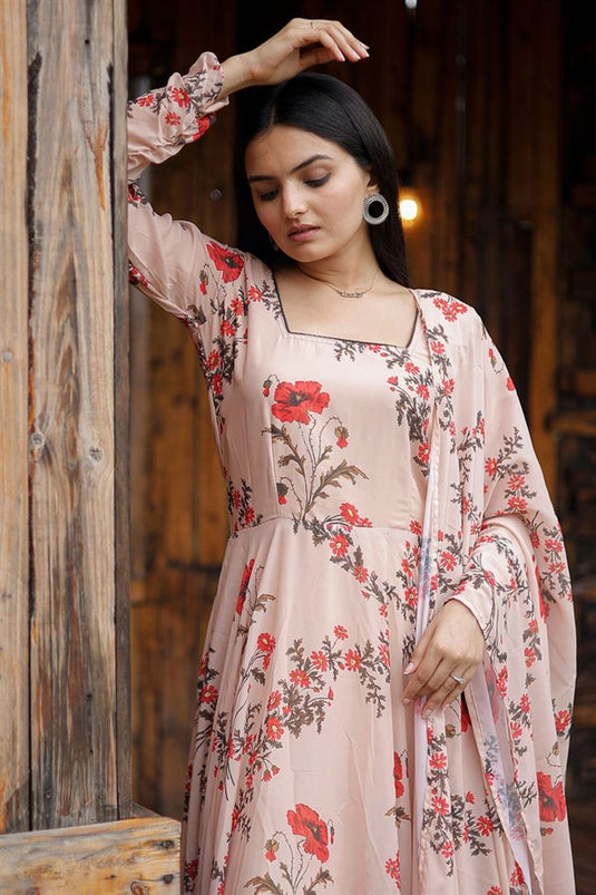 Festive Finesse Georgette Digital Printed Peach Color Gown with Dupatta