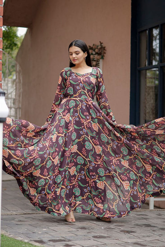 Georgette Brown Color Elegance Digital Printed Gown with Dupatta