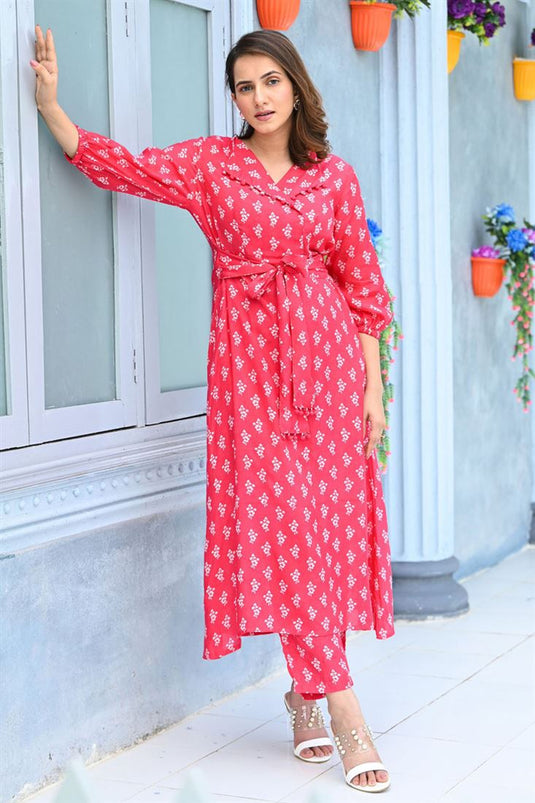 Radiant Pink Color Printed Fancy Fabric Kurti With Bottom