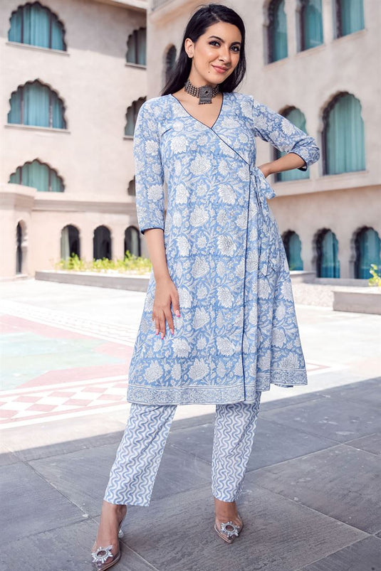 Fancy Fabric Printed Awesome Kurti With Bottom In Sky Blue Color