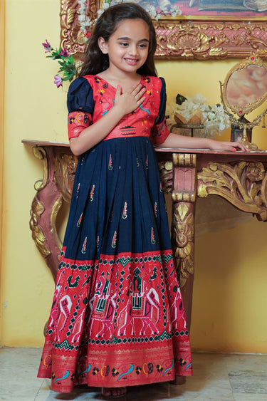 Art Silk Fabric Engaging Navy Blue Color Foil Printed Kids Gown