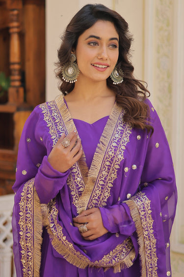 Purple Color Art Silk Fabric Divine Readymade Gown With Sequins Work Dupatta