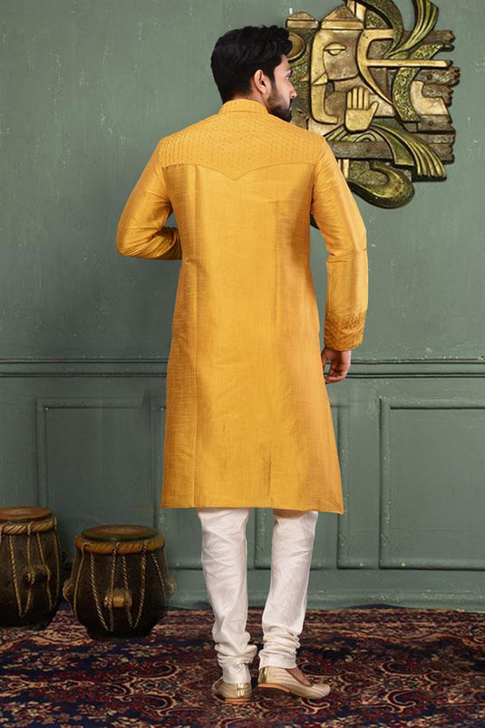 Art Silk Fabric Function Wear Readymade Mustard Color Kurta Pyjama For Men