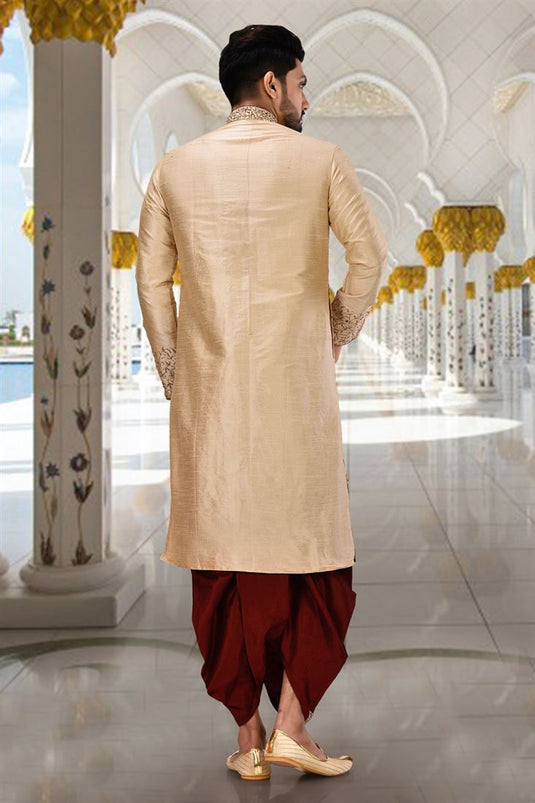 Beige Art Silk Readymade Men Dhoti Style Kurta