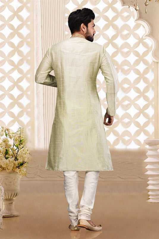 Sea Green Art Silk Fabric Sangeet Wear Trendy Readymade Kurta Pyjama For Men