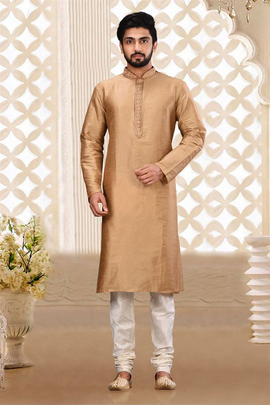 Art Silk Brown Color Wedding Wear Readymade Designer Men Kurta Pyjama