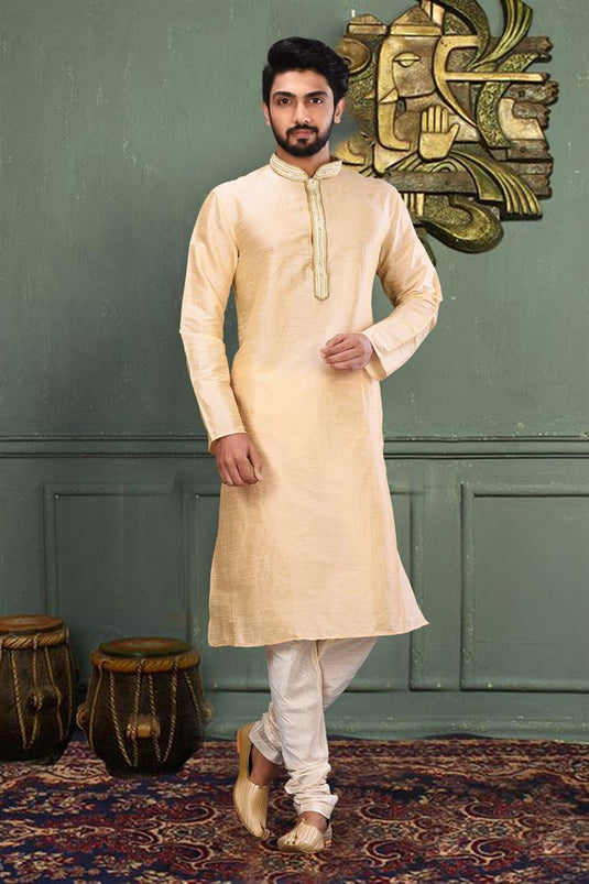 Art Silk Beige Magnificent Readymade Men Kurta Pyjama For Sangeet Wear