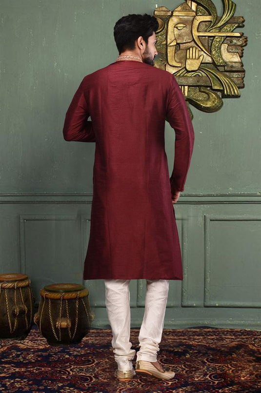 Art Silk Fabric Wine Color Festive Wear Readymade Men Stylish Kurta Pyjama