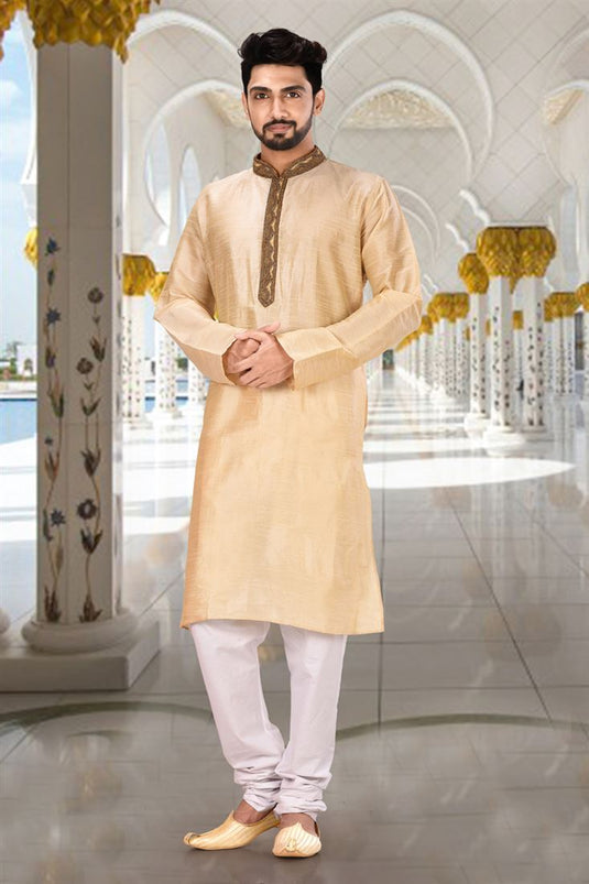 Reception Wear Attractive Readymade Men Kurta Pyjama In Beige Color