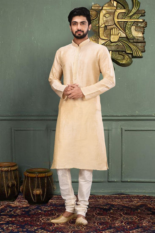 Art Silk Beige Color Wedding Wear Readymade Designer Men Kurta Pyjama