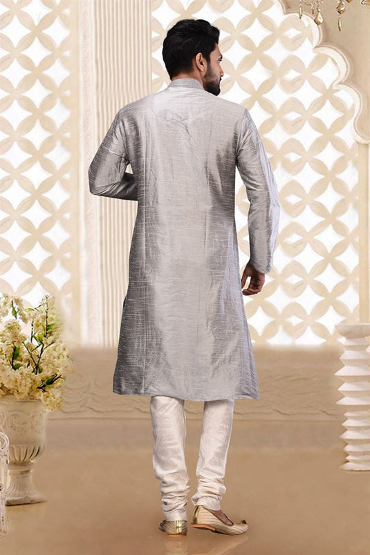 Grey Art Silk Graceful Readymade Men Kurta Pyjama For Festive Wear