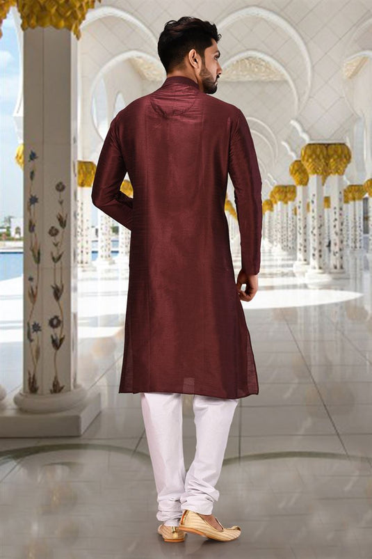 Wine Color Art Silk Fabric Function Wear Fancy Readymade Kurta Pyjama For Men