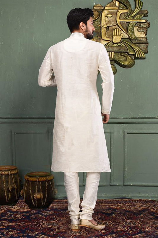 Art Silk Fabric White Color Festive Wear Readymade Men Stylish Kurta Pyjama