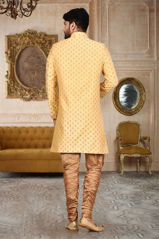 Cotton Fabric Yellow Color Wedding Wear Readymade Men Stylish Indo Western