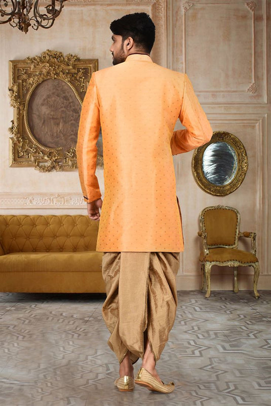 Stunning Peach Color Function Wear Readymade Men Indo Western With Dhoti