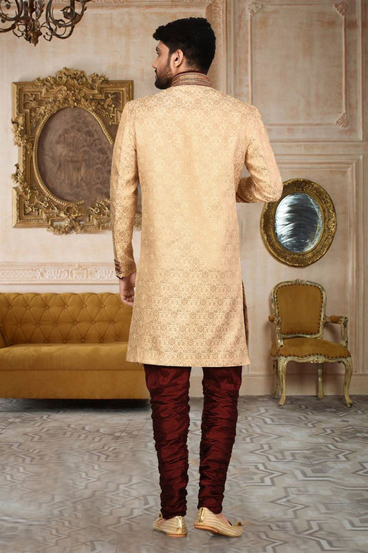 Pretty Fancy Fabric Sangeet Wear Readymade Men Indo Western In Beige Color