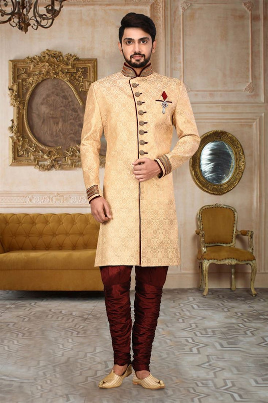 Pretty Fancy Fabric Sangeet Wear Readymade Men Indo Western In Beige Color