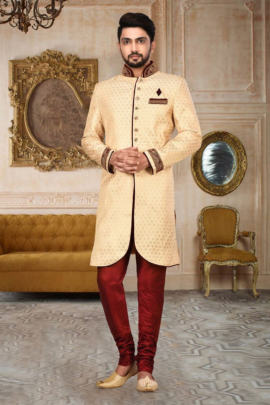 Beige Fancy Fabric Graceful Readymade Men Indo Western For Wedding Wear