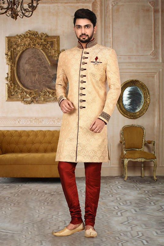 Fancy Fabric Beige Magnificent Readymade Men Indo Western For Sangeet Wear